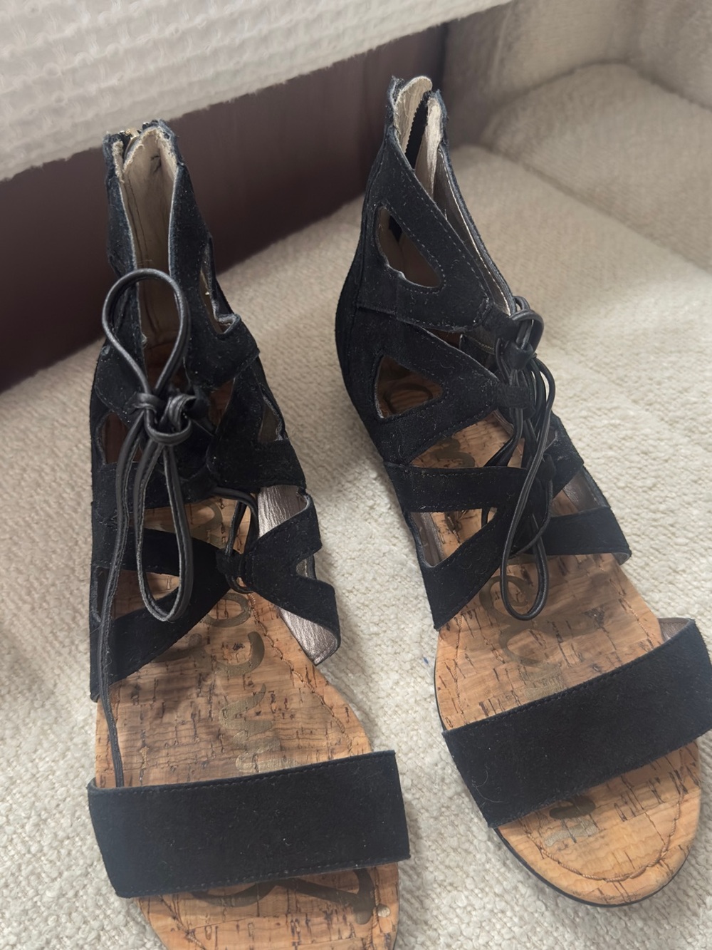 Sam Edelman Black Suede Lace-Up Cork Footbed Sandals